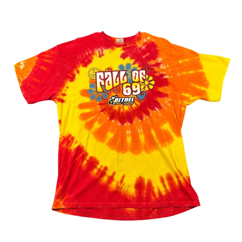 Bethel Motor Speedway Tie Dye T-Shirt Mens XL Fall of 69 Red Orange Bob Hilbert
